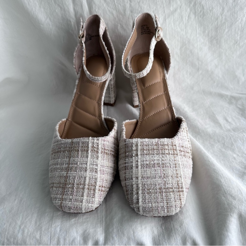 Kelly & Katie Jakie Tweed Plaid Ankle Strap Heels - Linen Beige & Ivory Size 10